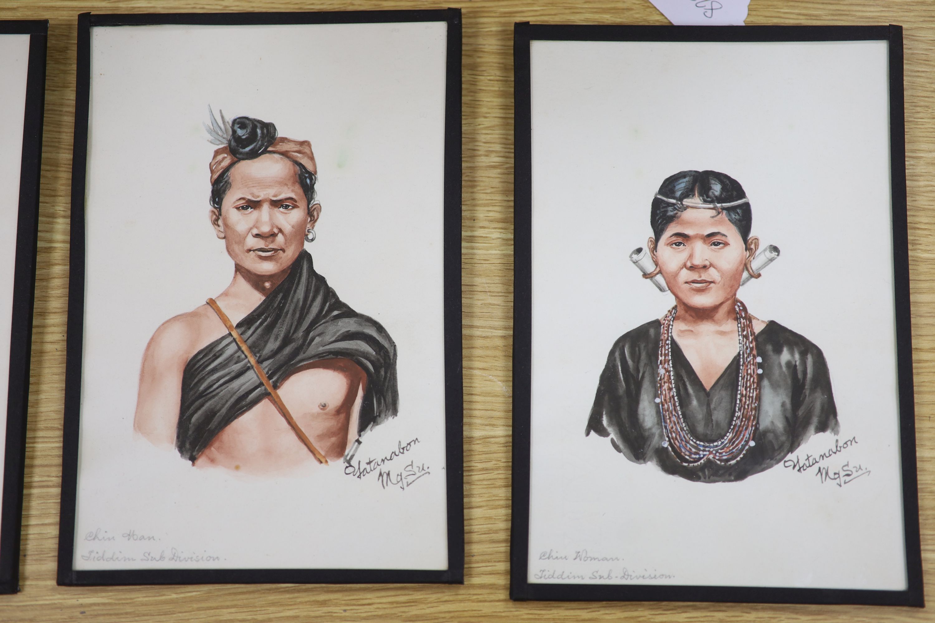 Mgsu Yatanabon, set of four watercolours, Portraits of Padaung men and women and Chin men and women, signed, 23 x 15cm